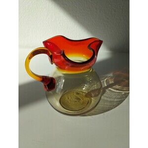 Vintage Hand Blown Glass 6" Amberina Pitcher Red Ruby Yellow Orange Jar Clear
